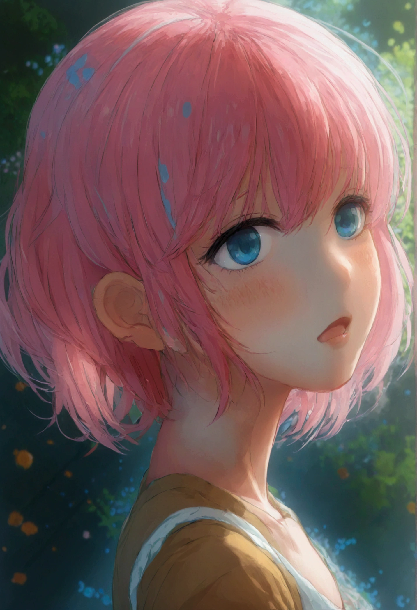 Anime character, a cute girl who has pink hair and blue and red eyes