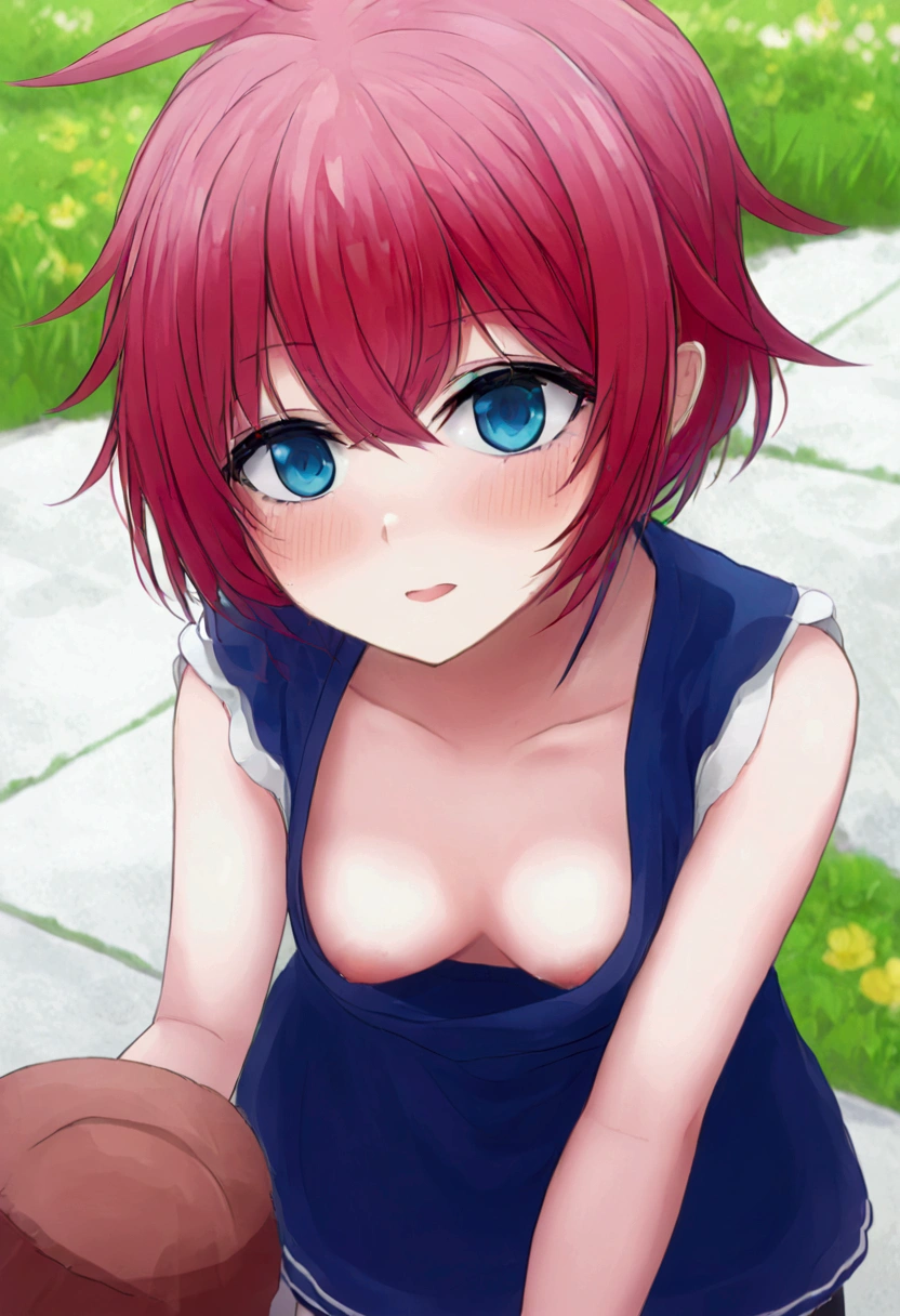 Anime character, a cute girl who has pink hair and blue and red eyes