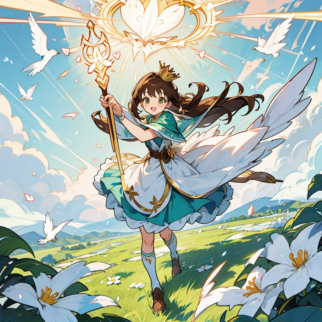 kawaii, anime, Cute, hyper quality, highly detailed, 16k, Front facing, Clarity, full body, smile, Inciting point of view, one girl, long brown hair, green eyes, Magical girl, , brown hawk wings on the back, heart stick, white actinidia arguta flowers, over knee socks, ribbon, open your mouth and laugh, light dances, A bird of light flaps its wings, brandish a stick, morning sunshine, magic effect, magic attack, heart effect, accessories, cute costume, white petals dance, Standing on a green hill with blooming flowers, white sardine flower, blue sky, crown, a brown bird flapping its wings, clear sky, Light of the sun, long magic stick, fantasy world, heart, love