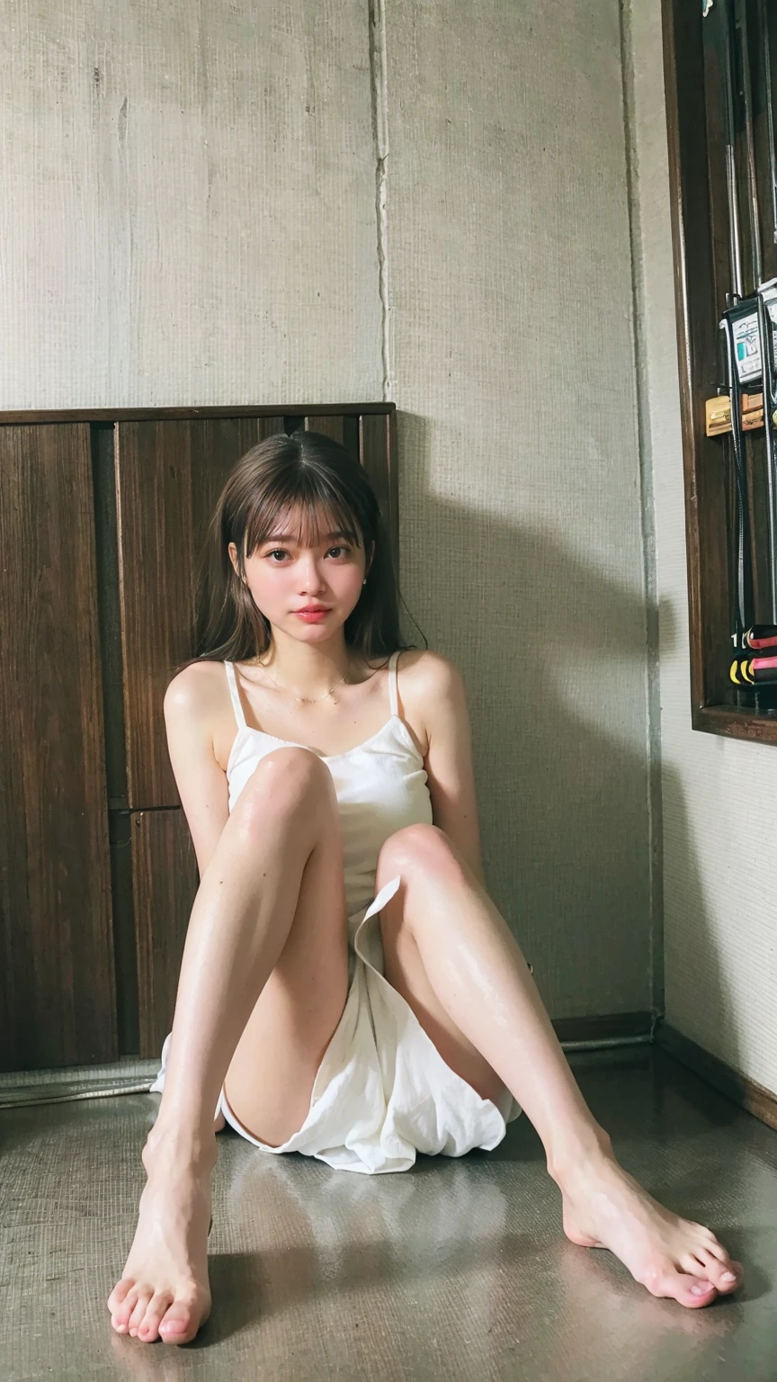 (((Highest quality,Very detailed,masterpiece,Very detailed))) ,(((Bend your knees))),loose breast,See-through,camisole,one piece,barefoot,One Girl,Realistic,Lying down,Bedroom、Looks sleepy