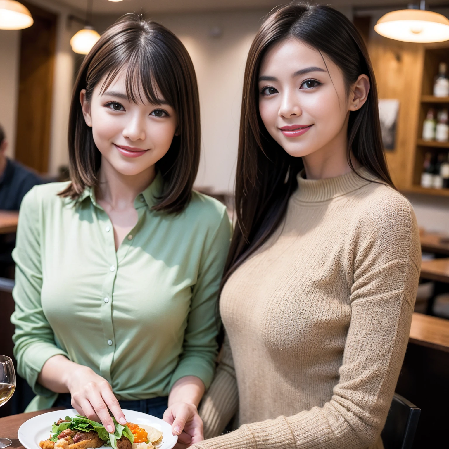 ((Highest quality、8K、masterpiece:1.3))、cute、slimカップル、modelカップル、actress男優、(Realistic, Intricate details:1.2), full-course dinner、Wine Party、Amazing view of the sunset sky and clouds、A bright smile、short hair,Bright Face、 (Age 37), Age 42, red wine 、Appetizers、Italian food、Wine bottle、Champagne、sparkling wine、Two beauties、Brown Hair、Shortcuts、Long sleeve shirt、dress、Beautiful woman 1, (slimな顔), (The body is slim), (Brown Hair), (Shortcuts), cheeks turn a little red,Attractive beauty、restaurant, In a prominent place (From the waist up) Nova Frog Style, actress, model, Upper Body, White wine, slim, wine glass, 中央に置かれたwine glass, smile, (smile: 1.15), Beautiful fine grain, Depth f/2,saturation, High Contrast, Strong light and shadow,Moist Body:1.5、3D texture、Delicate eyes、Brown Hair、The hair is very shiny、