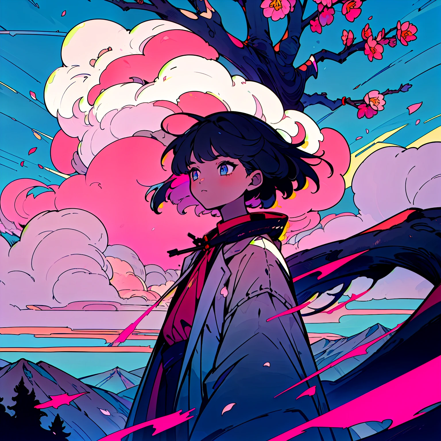 (Highest quality, masterpiece),(One girl, Shrine maiden, coat, expression, Iris, Look ahead ,Black Hair, walking, Upper Body), (Night maze sky, Huge old tree behind, Shiny pink petals fall behind, The shrine behind, Mountain Background, Blowing Wind, meteor cloud)