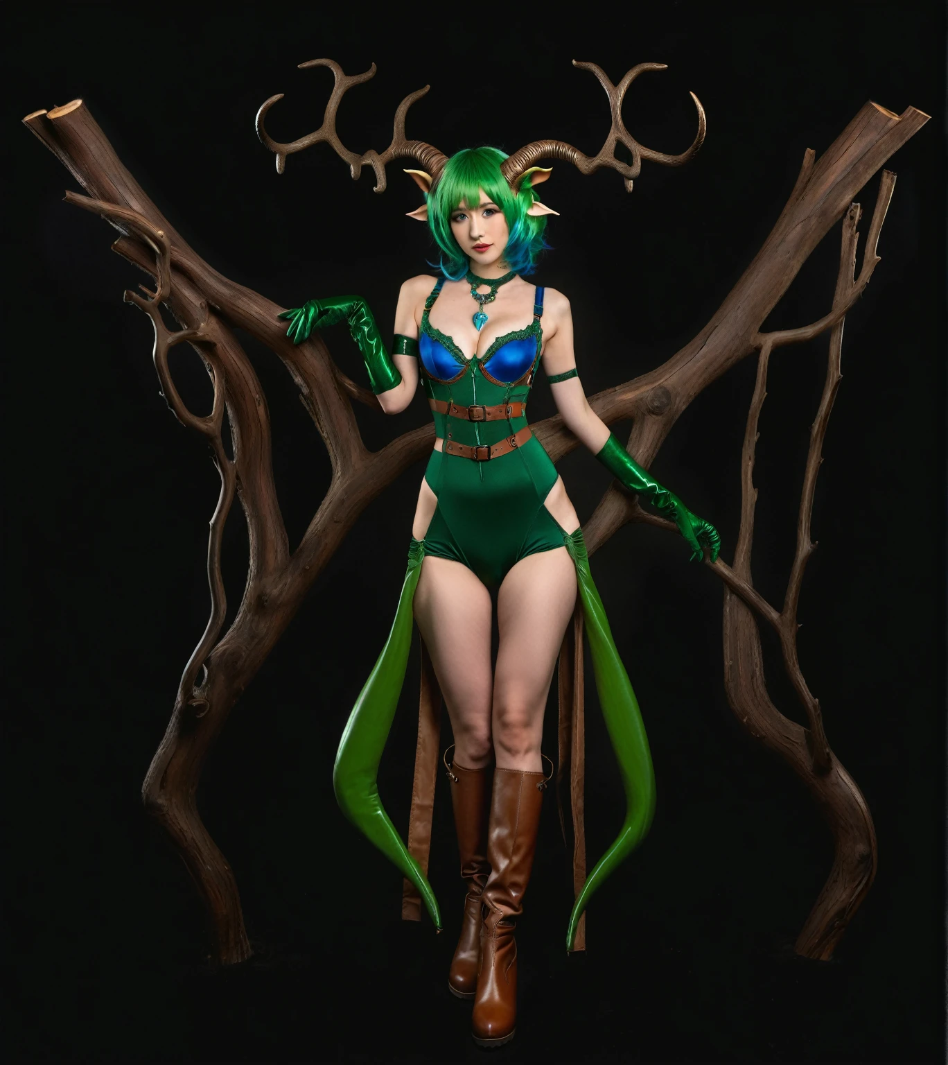 1 woman, green hair, tree-shaped horns, wood texture gloves, green bodysuit, blue bra, tree behind my back , wooden boots,