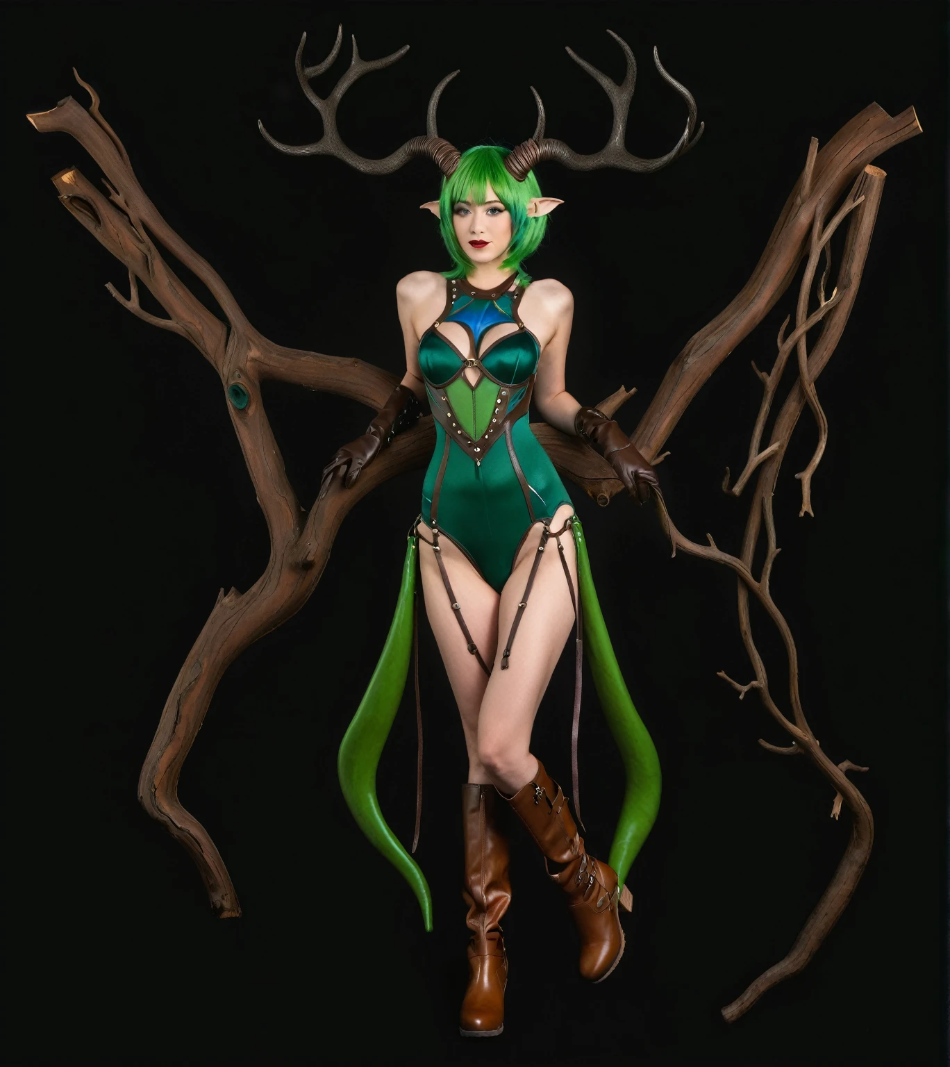 1 woman, green hair, tree-shaped horns, wood texture gloves, green bodysuit, blue bra, tree behind my back , wooden boots, 