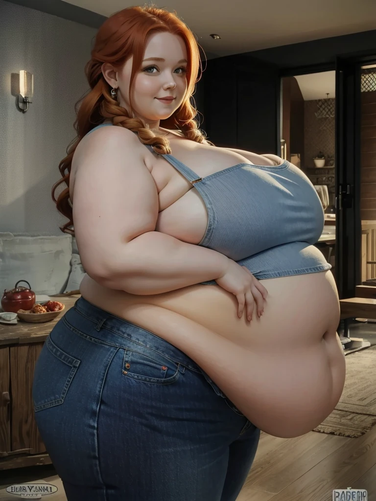 A happy, sidewiev photo of a young redhead ssbbw with long braided ginger hair, very very Huge soft hanging sideview fat belly, her belly hanging over her sideview thights, very obese fat arms, huge butt, cute pretty face, fat huge breasts in a cute blue summer top and jeans, holding her huge hanging belly in a modern livingroom, looking into the camera