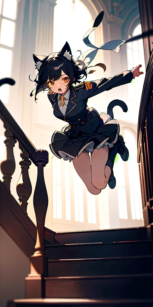 (masterpiece, best quality),1girl with short black hair, two cat ears with fluff, two cat tails, landing from a jump on the stairs, her arms in the air, warm lighting, uniform, blurry city foreground, action
