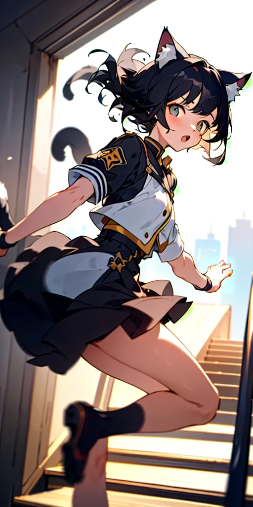 (masterpiece, best quality),1girl with short black hair, two cat ears with fluff, two cat tails, landing from a jump on the stairs, her arms in the air, warm lighting, uniform, blurry city foreground, action