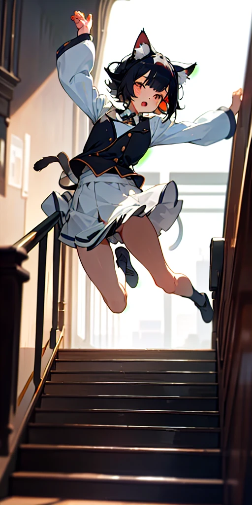 (masterpiece, best quality),1girl with short black hair, two cat ears with fluff, two cat tails, landing from a jump on the stairs, her arms in the air, warm lighting, uniform, blurry city foreground, action