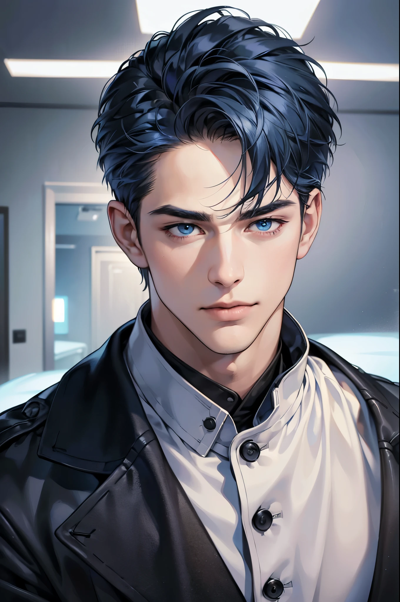 (best quality,4k,8k,highres,masterpiece:1.2),ultra-detailed,(realistic,photorealistic,photo-realistic:1.37),30 year old man,3 day beard,handsome anime,portraits,strong,masculine,dark blue hair,sharp jawline,mesmerizing eyes,perfectly styled hair,short hair, cool anime outfit,confident expression,vibrant colors,dynamic lighting