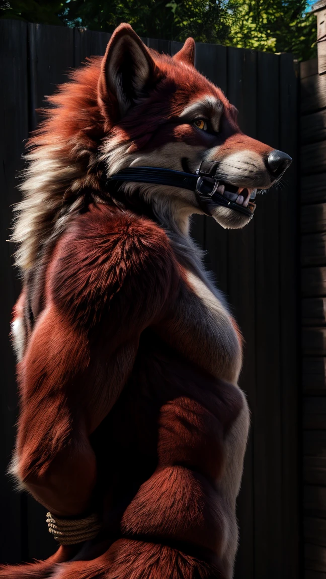 (photorealism), side view, just bad, (high, realistic werewolf, red fur), (gagged with a big gag:1.3), (hands tied behind the back:1.3), (erect penis, pellets:1.1), (standing in the backyard:1.1), bright lighting, (looking at the viewer, happy expression, erotic pose:1.1), (Best Quality, 4k, HDR)