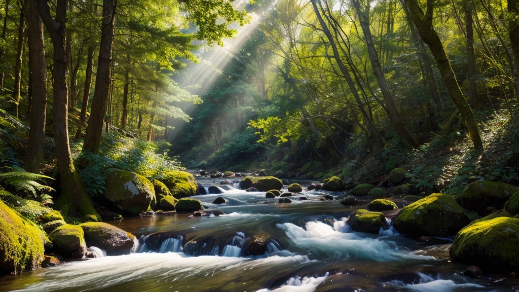 Stream through the forest in the bright light of the sun