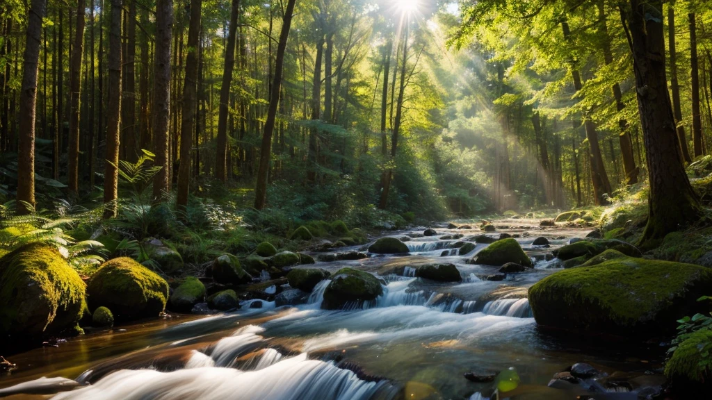 Stream through the forest in the bright light of the sun