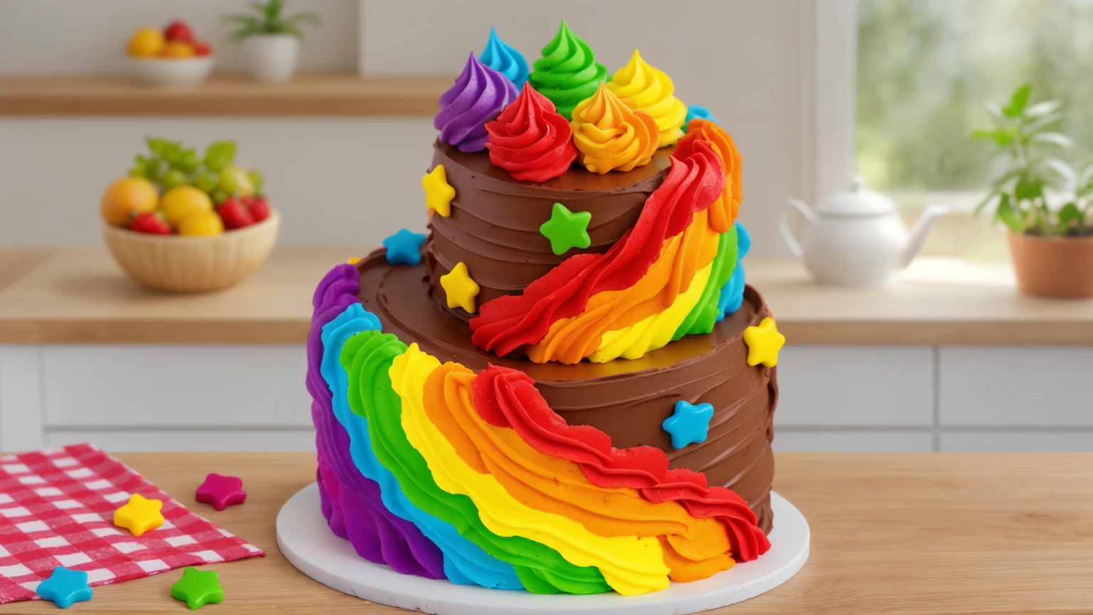 on a wooden table. there is a white plate. double tier chocolate cake ((chocolate cream texture, strokes of a pastry spatula)), rainbow cream in stitches, decorated with rainbow stars made of polymer clay, multi-colored cream on top ((cream highlights)), on the table there is a checkered tablecloth and star cornets made of polymer clay. against the background of the kitchen, vase with plant, Fruit basket, kettle, shelf with kitchen utensils. Beautiful light from the window, contour light, Multiple light sources, beautiful lighting, Bright light source, bright lighting, beautiful light sources, Multiple light sources, Realistic style , realistic texture, detailed texture, A high resolution, high quality, macro photography 