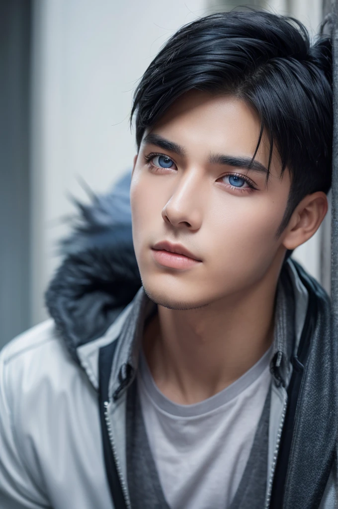 A cool young man with black hair, a wolf cut, and blue and grey heterochromatic eyes.