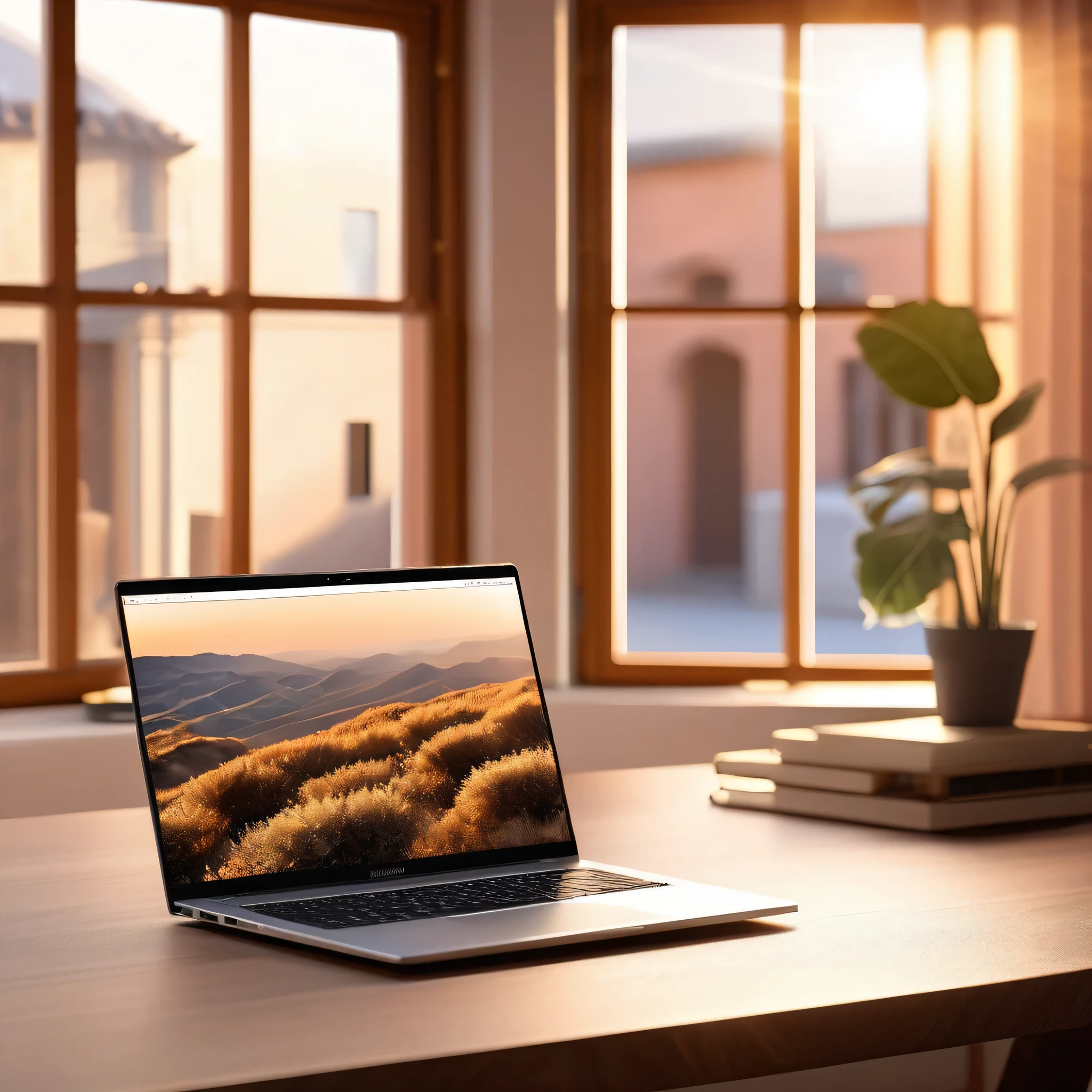 beautiful detailed interior scene, laptop computer on desk, window lighting, high quality, 8k, photorealistic, dramatic lighting, minimalist design, clean composition, still life, detailed surfaces, warm color tones, soft shadows, natural daylight, shallow depth of field, studio lighting, professional photography