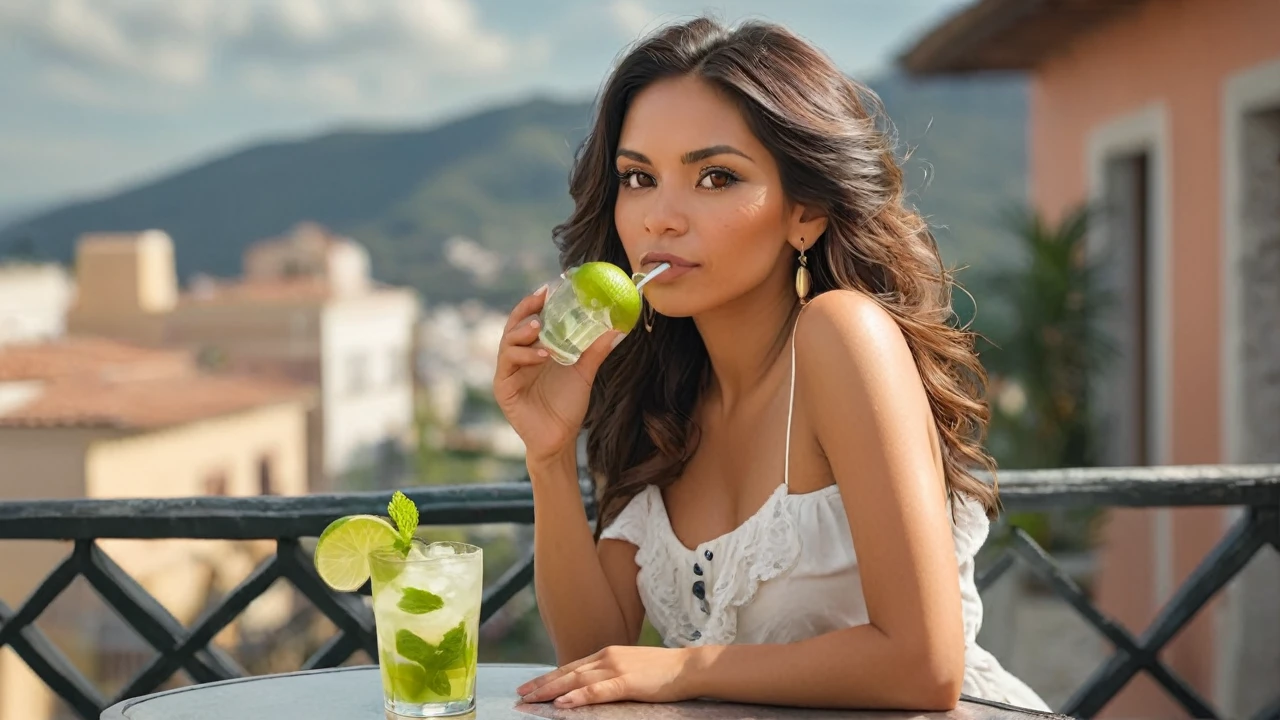 30 year old Mexican woman sitting on the terrace and drinking a mojito. very realistic photo taken with a professional camera. The weather is sunny, there is a place behind her.