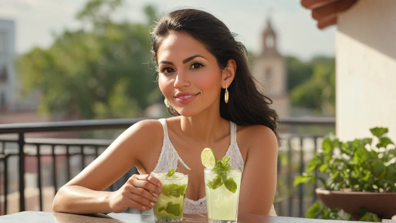 30 year old Mexican woman sitting on the terrace and drinking a mojito. very realistic photo taken with a professional camera. The weather is sunny, there is a place behind her.