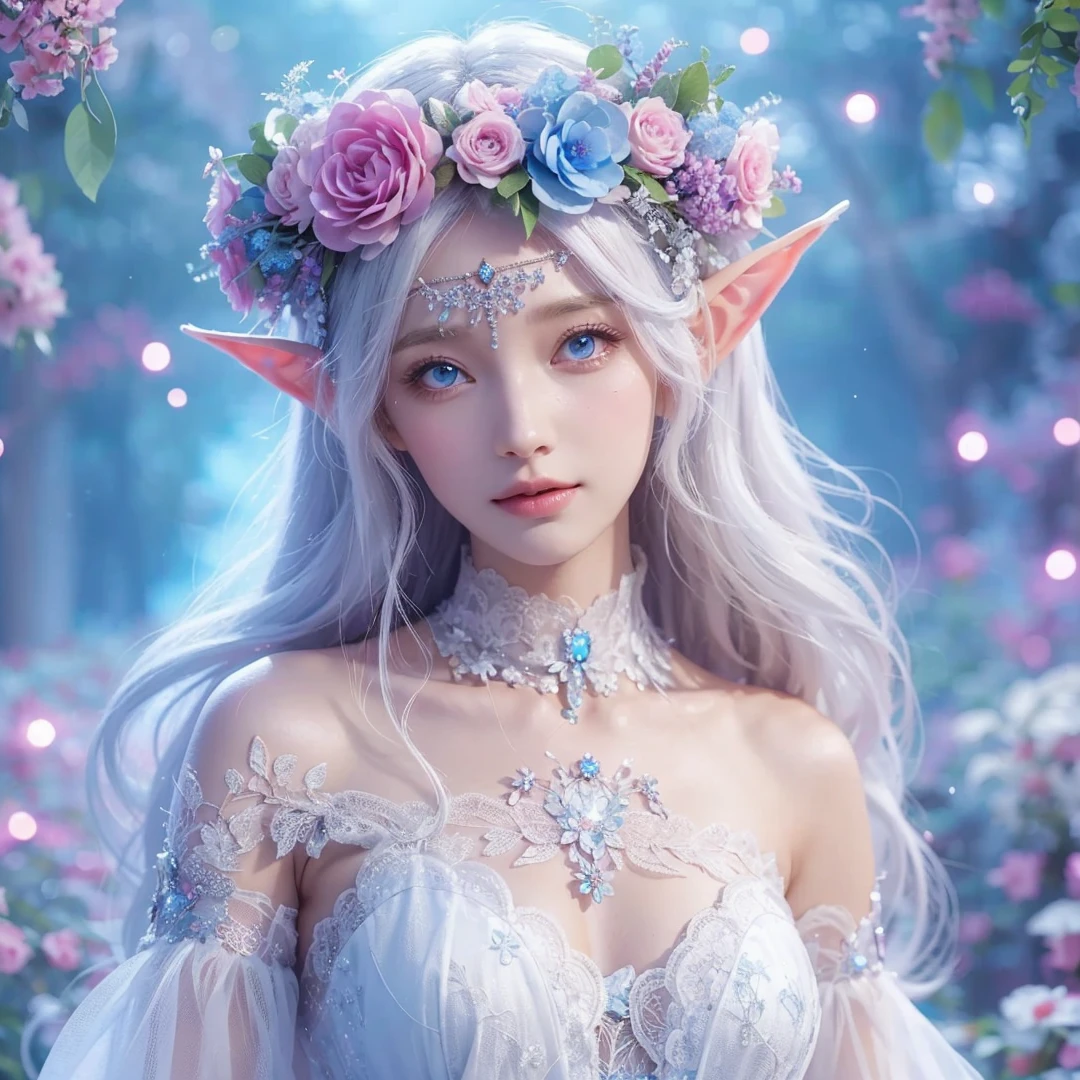 beautiful woman, white hair, white eyes, wearing pink and light blue flower crown, wearing white dress, elf ear, "surrounded by light blue, pink, and purple light, magic forest background