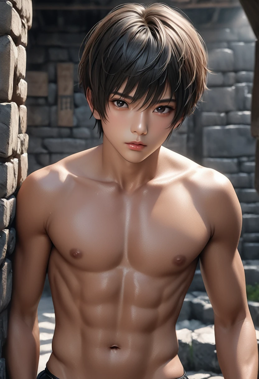 high quality, detailed, photo Realistic, (22 years old tanned japanese idol boy), (detailed black eyes), (black short hair),(tanned shiny skin:1.3), black tiny thong, bulge,(detailed nipples), yard, dungeon, (best quality,4k,8k,highres,masterpiece:1.2), (face close up:0.8),(realistic,photorealistic,photo-realistic:1.37),