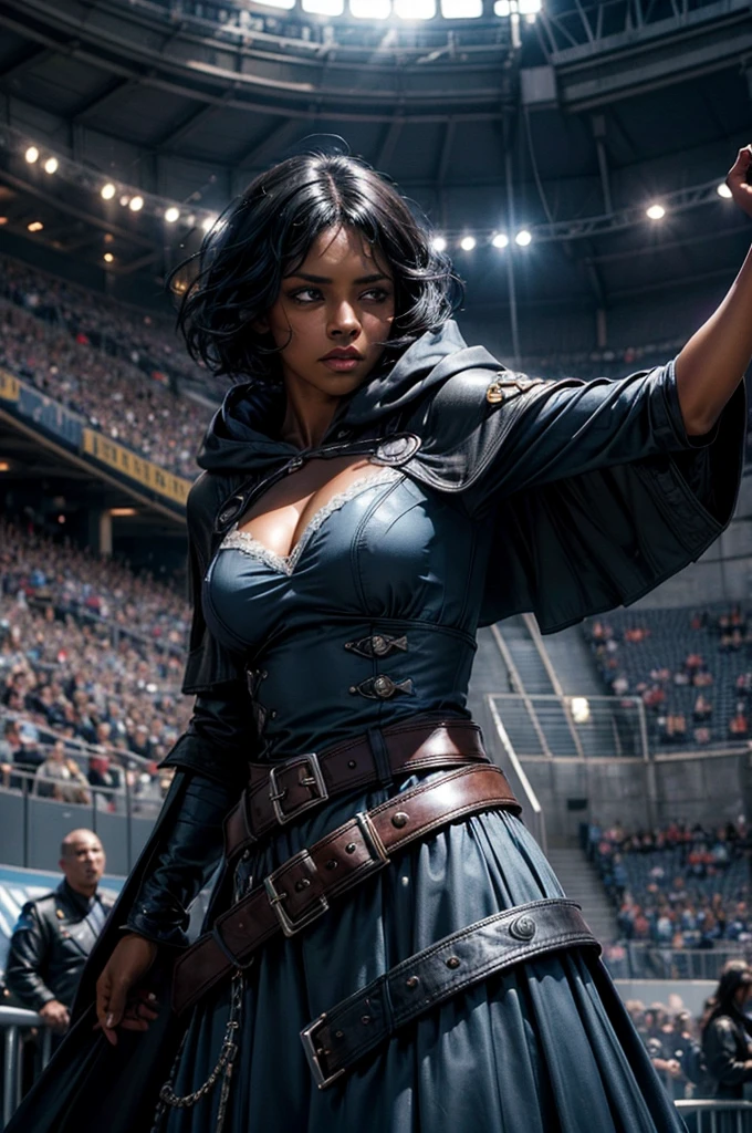 MariaCalavera, dark skin, black hair, short hair, silver eyes, dress, cleavage, cape, belts, hood, cowboy shot, (dynamic pose), standing in stadium, spectators, crowd, blue sky, cloud, (crowd in military uniform), (volumetric lighting), intricate details, tonemapping, sharp focus, hyper detailed 
