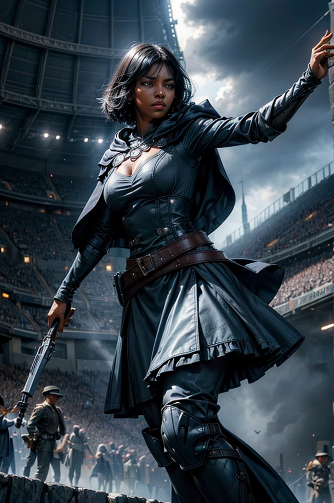 MariaCalavera, dark skin, black hair, short hair, silver eyes, dress, cleavage, cape, belts, hood, cowboy shot, (dynamic pose), standing in stadium, spectators, crowd, blue sky, cloud, (crowd in military uniform), (volumetric lighting), intricate details, tonemapping, sharp focus, hyper detailed 