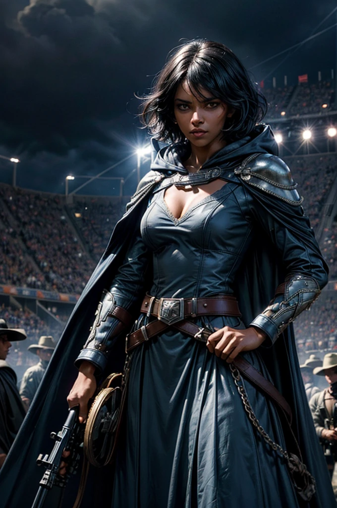 MariaCalavera, dark skin, black hair, short hair, silver eyes, dress, cleavage, cape, belts, hood, cowboy shot, (dynamic pose), standing in stadium, spectators, crowd, blue sky, cloud, (crowd in military uniform), (volumetric lighting), intricate details, tonemapping, sharp focus, hyper detailed
