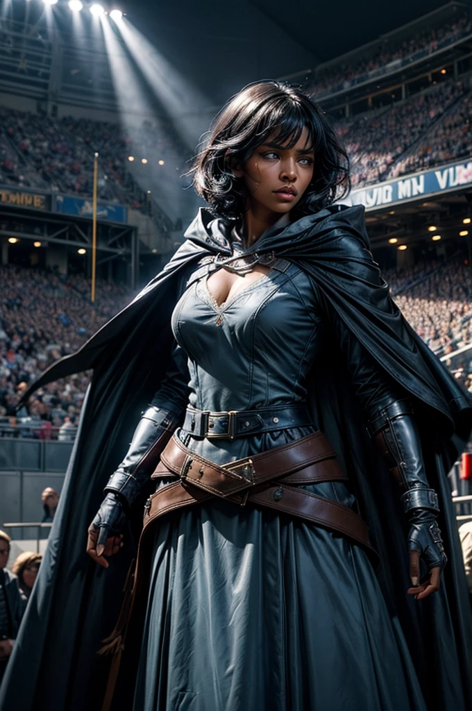 MariaCalavera, dark skin, black hair, short hair, silver eyes, dress, cleavage, cape, belts, hood, cowboy shot, (dynamic pose), standing in stadium, spectators, crowd, blue sky, cloud, (crowd in military uniform), (volumetric lighting), intricate details, tonemapping, sharp focus, hyper detailed