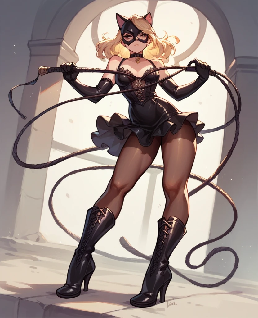 Lace sexy cat clothes and long gloves and pantyhose with high heels boots and whip and mask with blonde hair