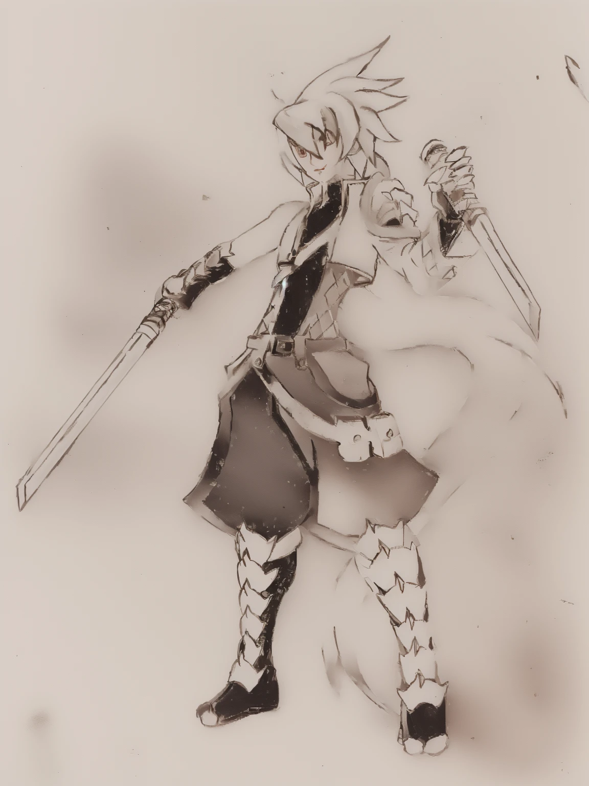 sketches of a drawing of a androgynous young boy with 2 swords, Kilua from hunter x hunter, an anime drawing, detailed fanart, hero 2d fanart artsation, ( ( character concept art ) ), anime drawing, game art!!, with out shading, anime shading), dramatic wielding sword pose, anime shading, white hair, glowing blue eyes, pale skin, black ninja trousers, black vest, short blue jacket, blue belts, metallic accents, full body, long ponytail, long hair