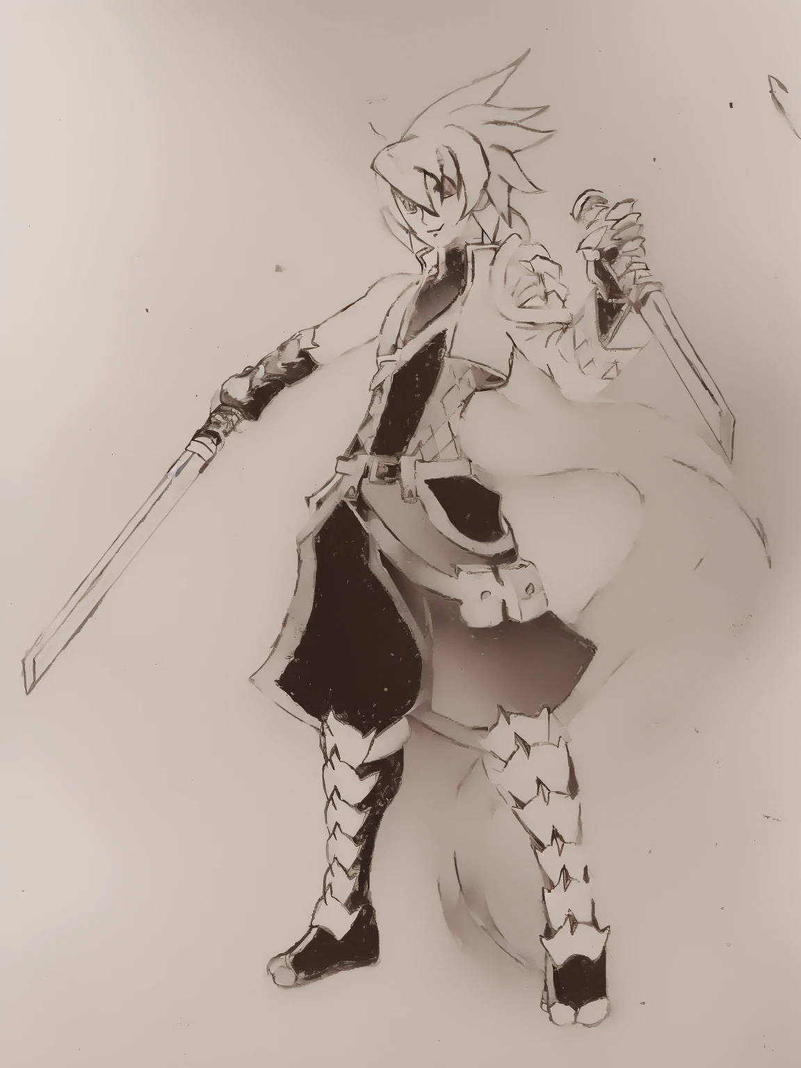 sketches of a drawing of a androgynous young boy with 2 swords, Kilua from hunter x hunter, an anime drawing, detailed fanart, hero 2d fanart artsation, ( ( character concept art ) ), anime drawing, game art!!, with out shading, anime shading), dramatic wielding sword pose, anime shading, white hair, glowing blue eyes, pale skin, black ninja trousers, black vest, short blue jacket, blue belts, metallic accents, full body, long ponytail, long hair