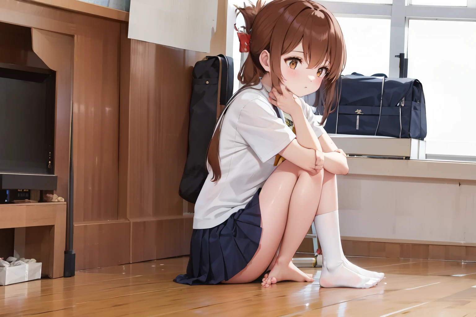 A female student in a sailor uniform sitting on the floor of the gymnasium and watching a physical education class because she feels unwell,(masterpiece, best quality:1.2),illustration,8K,HD,1girl,独奏,upper body,(portrait:1.2),brown_hair,folded_ponytail,brown_eyes,serafuku,long_hair,school_uniform,skirt,pleated_skirt,
