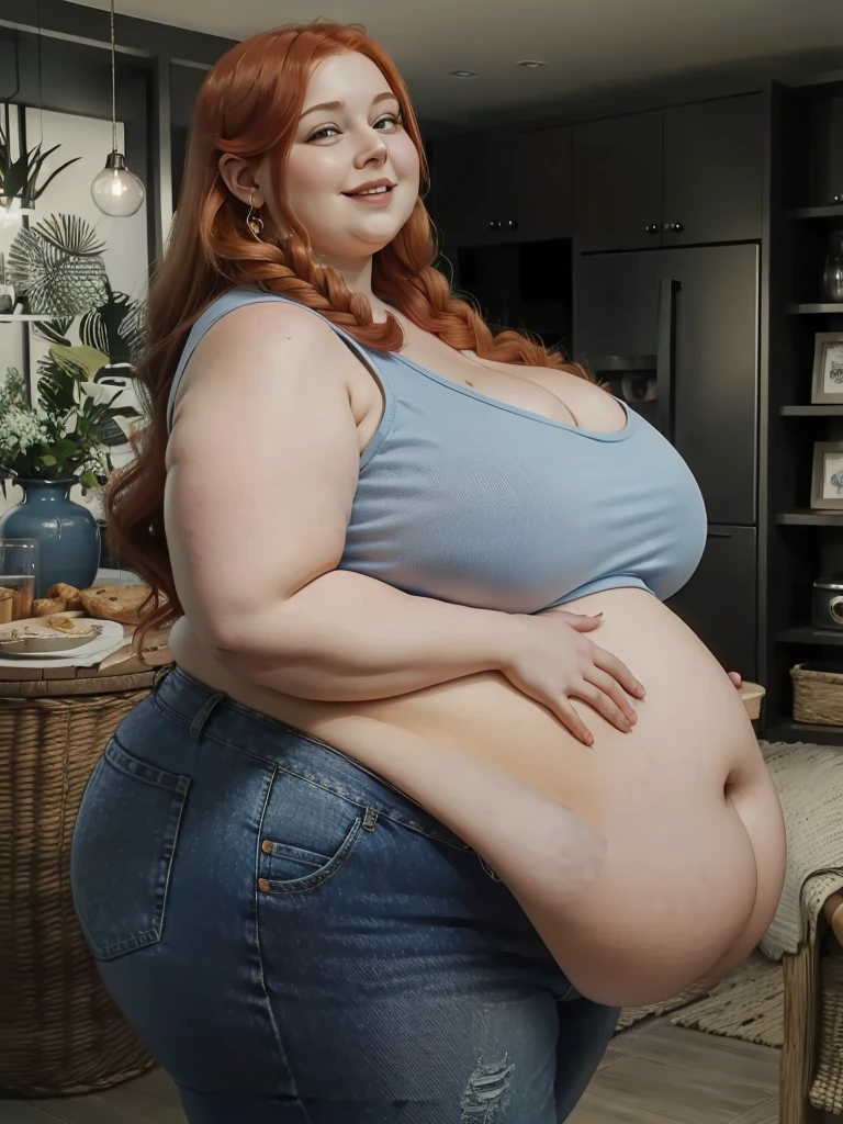 A happy, sidewiev photo of a young redhead ssbbw with long braided ginger hair, very very Huge soft hanging sideview fat belly, her belly hanging over her sideview thights, very obese fat arms, huge butt, cute pretty face, fat huge breasts in a cute blue summer top and jeans, holding her huge hanging belly in a modern livingroom, looking into the camera