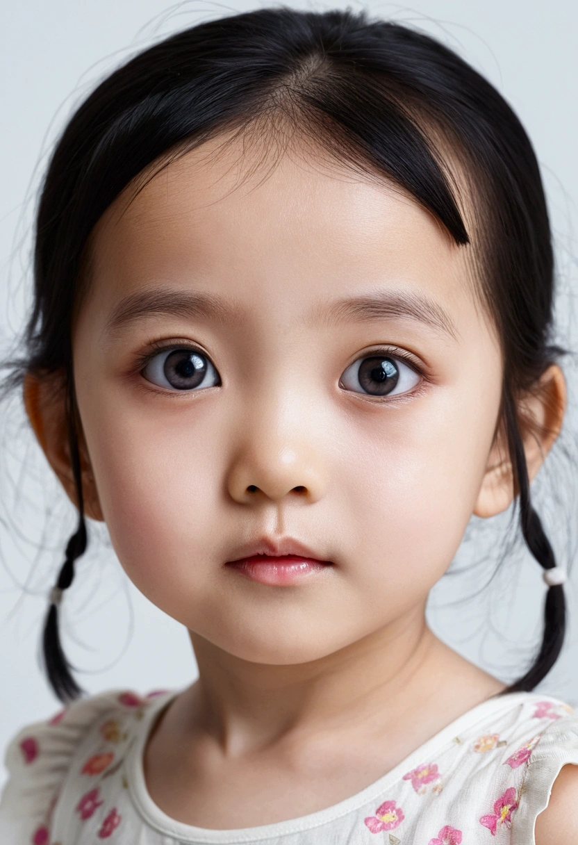 white complexion, A girl about , black hair, double eyelid, big eyes, white background, natural light, Pro DSR Camera