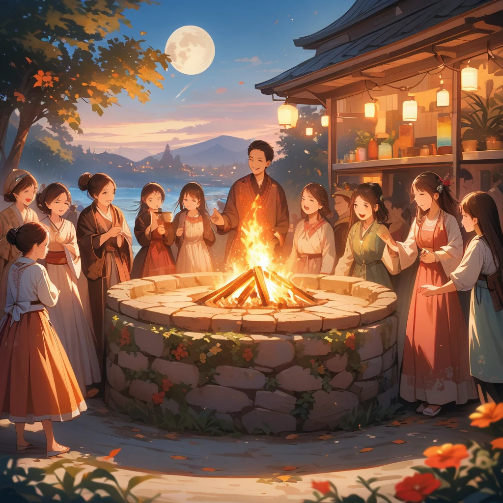 best quality,4K,8K,high resolution,masterpiece:1.2,Very detailed,Practical,photoPractical:1.37,Beach:1.37,bonfire:1.37,Night Fever, happiness, and passionate atmosphere
People dancing and singing around the bonfire
Vivid colors and warm tones depicting the lively scene
Beautifully detailed faces with happy expressions
Traditional clothing representing different ethnic groups
Cultural diversity and unity portrayed by the gathering
Shadow and light effects created by the flickering flames
Realistic rendering of the bonfire's warmth and illumination
Crisp details capturing the intricate patterns on clothing
Dynamic poses reflecting the energy and excitement of the event
PhotoPractical depiction of the surrounding nature (Trees, Star, moon)
Sparks fluttered in the air, Professional artwork adds movement and energy to the scene,A touch of traditional sophistication The bright faces contrast with the dark surroundings The bokeh effect enhances the atmosphere of comfort and intimacy Attention to the smallest details, Capturing the essence of a moment Celebrating the importance of cultural heritage and community Ancient traditions and rituals passed down from generation to generation Artistic expression of cultural diversity and inclusion
