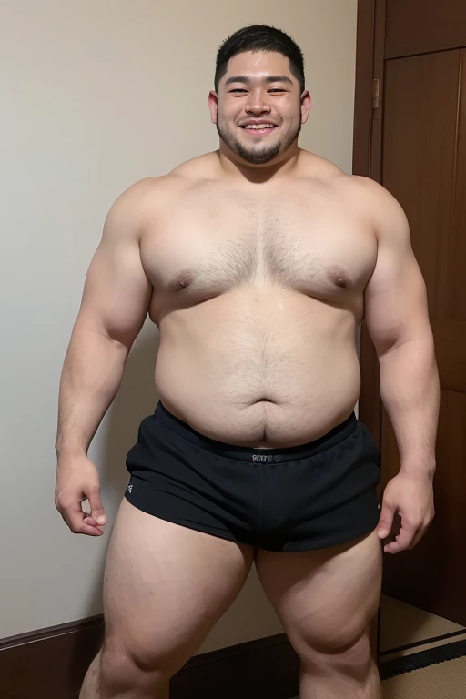 ((highest quality)), ((masterpiece)), (detailed), ((Perfect Face)), 4k, Shaved head, Young Japanese, Muscular, Fat body, Very big man, smile, ((showing off crotch))A large Japanese man topless、whole body、Rugby last week、Thick legs、Thick arm muscles、Intimidating、whole body、((wearing a very very tight black rugby-shorts))、((shirtless))