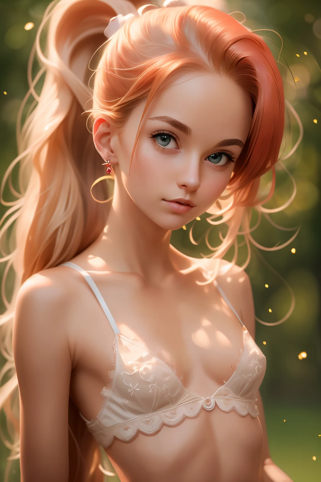  ((best quality)), ((masterpiece)), (detailed), NSFW, small breasts, prominent collarbones, skinny arms, flat stomach, visible hip bones, long hair, red hair, white hair, blonde hair, dark hair, ponytail, thick ponytail, heavy ponytail, Realistic Shadows, Detailed skin, Very small breasts, Hair Ribbon, Very detailed, highly detailed face, Perfect face shape, Perfect lips, Perfect nose, Correct beautiful eyes, Watching Viewer, Best Quality, Single Girl, No bra, No panties, Solo 