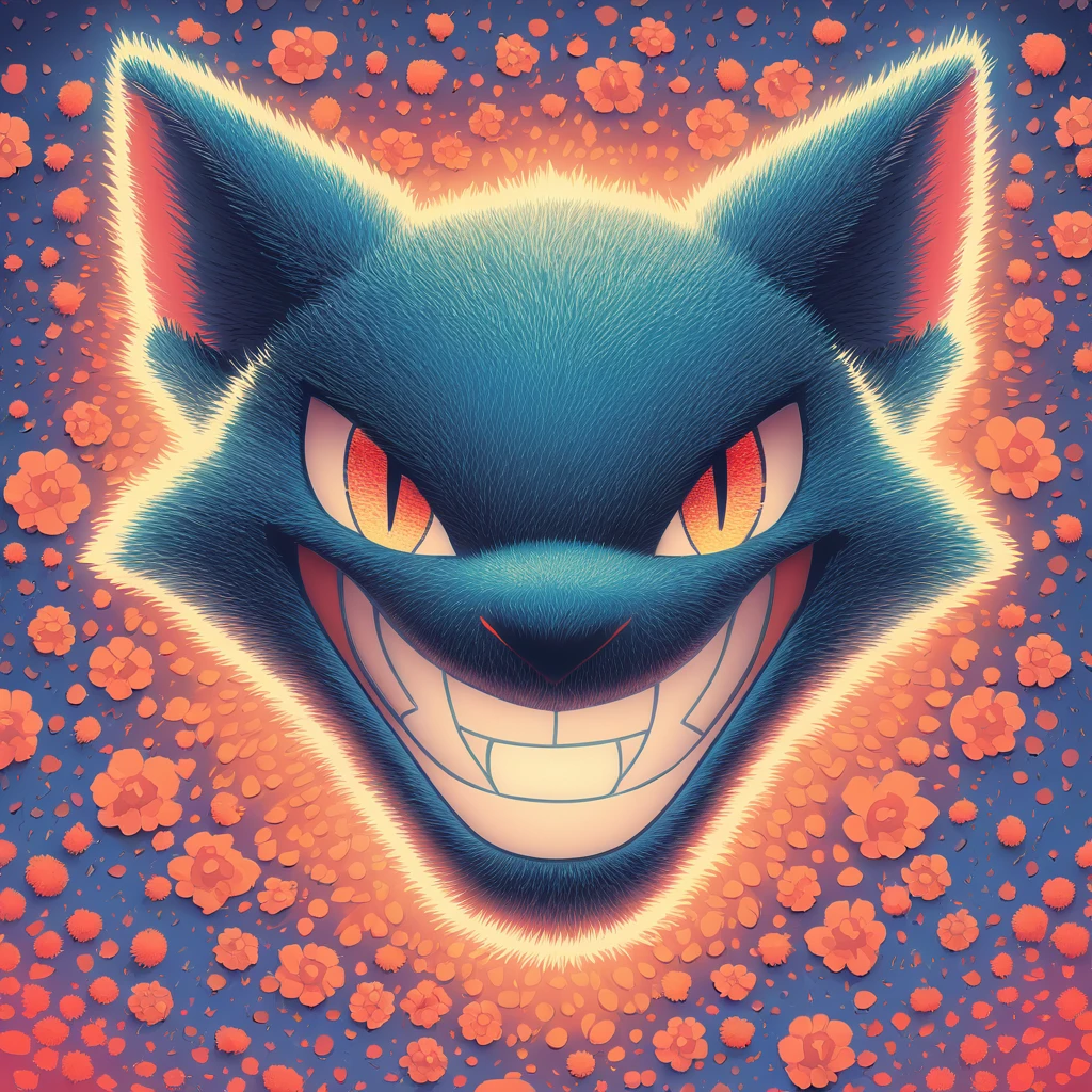 fanged grin eyes all over the place in fuzzy art style