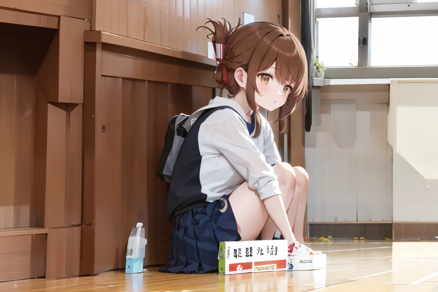 A female student in a sailor uniform sitting on the floor of the gymnasium and watching a physical education class because she feels unwell,(masterpiece, best quality:1.2),illustration,8K,HD,1girl,独奏,upper body,(portrait:1.2),brown_hair,folded_ponytail,brown_eyes,serafuku,long_hair,school_uniform,skirt,pleated_skirt,