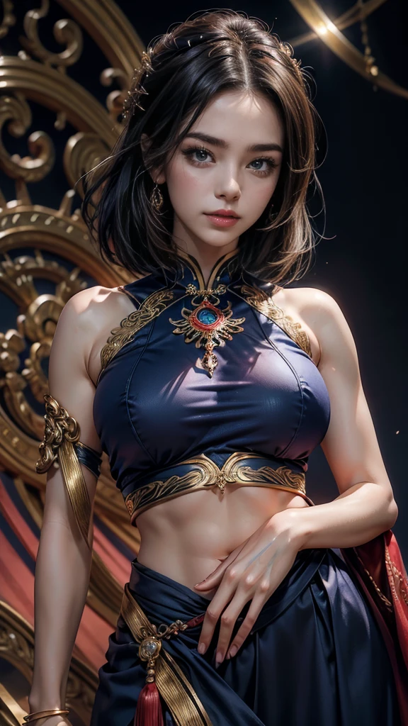 (Front Focus、Perfect Anatomy:1.5)、(Ultra-detailed、16k quality、RAW Photos、Real Skin: 1.6)、Hyper Realist、Photorealistic.Cinema Lighting、Highly detailed face、smile、1 美しいThailand人少女、14 years、short hair（Disproportionate breasts）（Dark Skin、Dark Skin:1.8）Sunburn、eyeliner、lip（きわどいThailandの服装:1.4)（Thailand、sightseeing、early morning:1.4）、One beautiful woman, Highest quality、masterpiece、Ultra-high resolution、(Cowboy Shot),(Realistic), (Ultra-realistic), (Ultra-high resolution), (Ultra-high resolution), (One beautiful woman), ((Ultra-Realistic Details)),(Realistic:1.4)Beautiful Face, (Looking into the camera),Cute face, 、RAW Photos, Highest quality,masterpiece,Highest quality,Ultra-high resolution),Best Images, (8K, RAW Photos, Realistic), 清楚で美しいThailand人女性, Rainbow light brown straight hair, big, Sparkling blue eyes, Long eyelashes, double eyelid, Half-open crimson alluring moist big thick lips, Medium breasts, beautiful breasts, Side bust, Down , Abdominal muscles, thin, Perfect proportions, whole body, （Shiny navy blue ao dai with gold embroidery, Blurred background red）、Sexy Sleeveless、Abdominal muscles、Sexy thighs