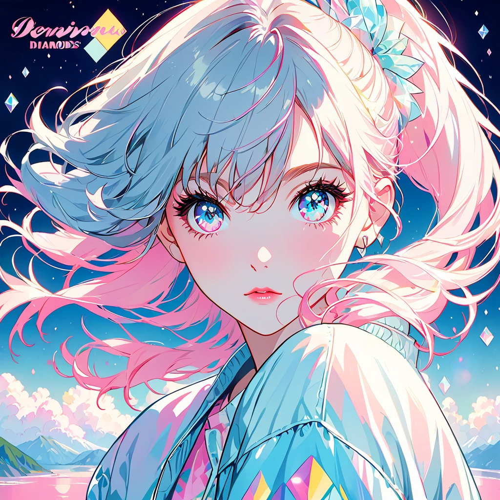 Eyes are diamonds"In pale colors,Like a 80's Jpop record jacket design.