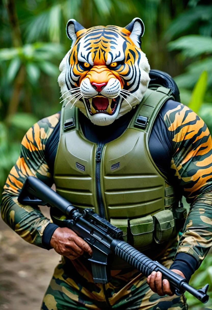 (a dark-skinned fat muscular old man in a bulky camouflage zipper diver suit) shooting with a gun and (wearing roaring siberian tiger mask that show the wearer eyes), muscular, Basuki Abdullah, sumatraism, action, a character portrait, heroic, fierce, snarling