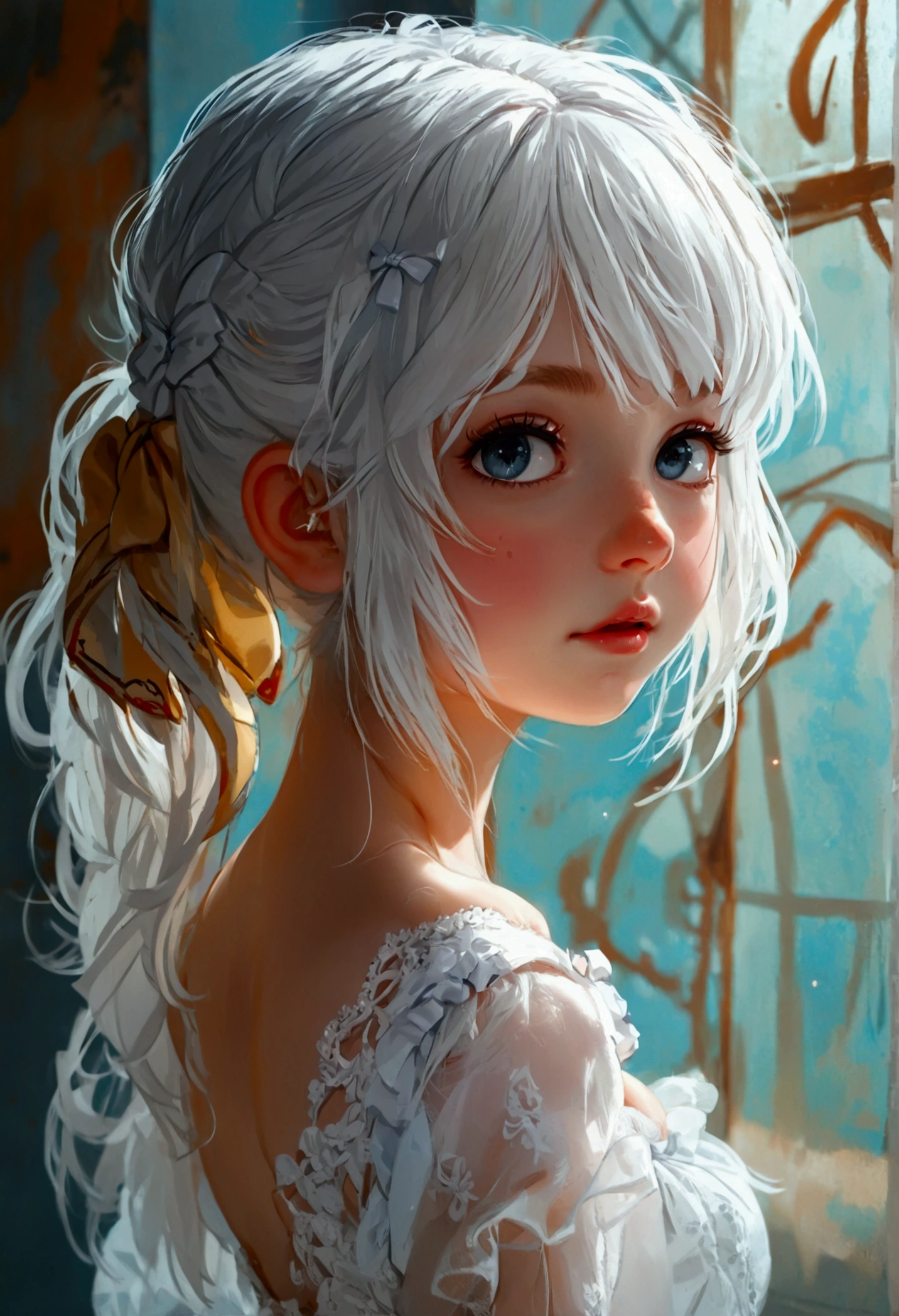 cute  girl. Young girl. . Cleavage. Pale girl. Very pale. White skin. White hair. Long hair. White dress. Pleasure. Blushing. Pretty girl. Hair bows. Longest hair. White hair. Pigtails. Adorable girl. Longer hair. Hair bows. Lots of hair bows. 