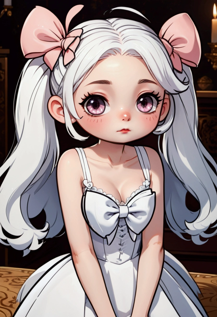 cute  girl. Young girl. . Cleavage. Pale girl. Very pale. White skin. White hair. Long hair. White dress. Pleasure. Blushing. Pretty girl. Hair bows. Longest hair. White hair. Pigtails. Adorable girl. Longer hair. Hair bows. Lots of hair bows. 