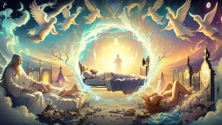 a painting of a man lying in a bed surrounded by angels, Lucid dreaminging, wake initiated Lucid dreaming, death dream about death, Viagem Astral, sketch of a Lucid dreaming, Portal dos Sonhos, Astral projection, spirits leaving the portal, Lucid dreaming, ' lost in a Lucid dreaming, cyril rolando and m.w kaluta