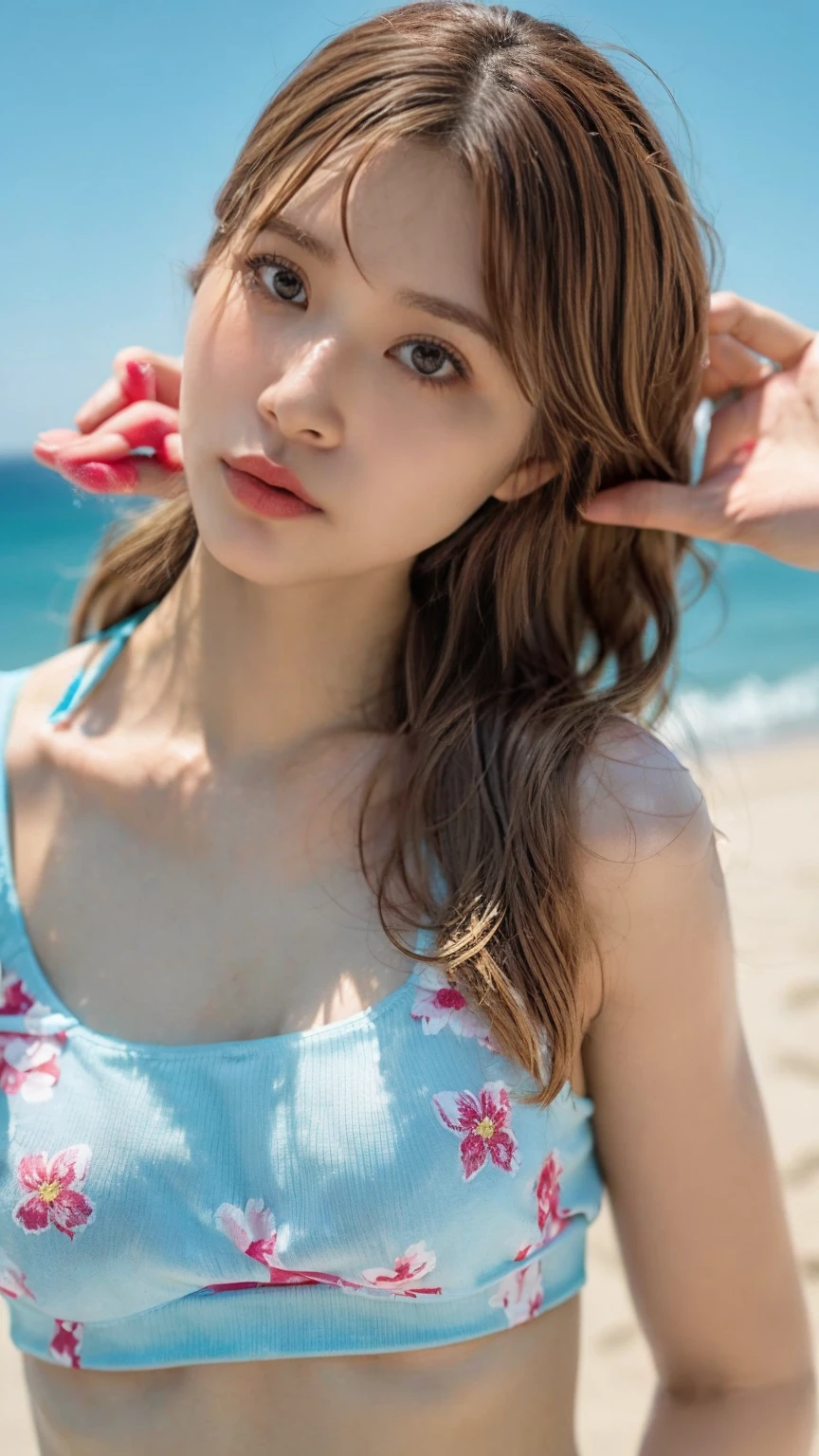 (masterpiece), (Highest quality), (Very detailed),(Disheveled Hair),(shape), (One Girl), (bikini), Are standing, Fashion Model, View your audience, (interview), (Beach),Beautiful details, Delicate and beautiful face, floating,(High chroma),(Colorful splashes),Colorful bubbles,(The Shining), Focus on the face, Hair Ring, Floating Flowers, Floating Hair, (The Shining), Best lighting, Best Shadow,