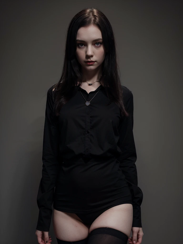 1 girl, pale skin, black and red medium hair , black shirt, black stockings, black necklace, dark blue eyes.