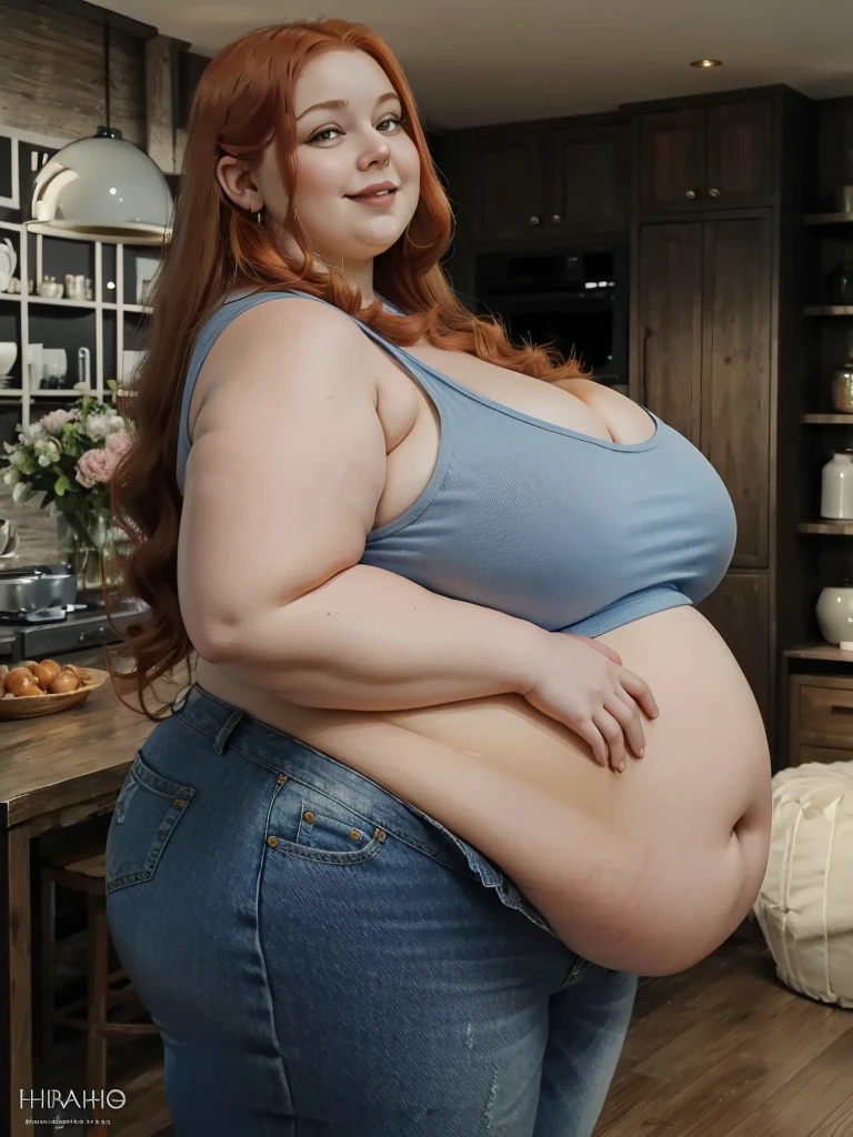 A happy, sidewiev photo of a young redhead ssbbw with long braided ginger hair, very very Huge soft hanging sideview fat belly, her belly hanging over her sideview thights, very obese fat arms, huge  butt, cute pretty face, fat huge breasts in a cute blue summer top and jeans, holding her huge hanging belly in a modern livingroom, looking into the camera