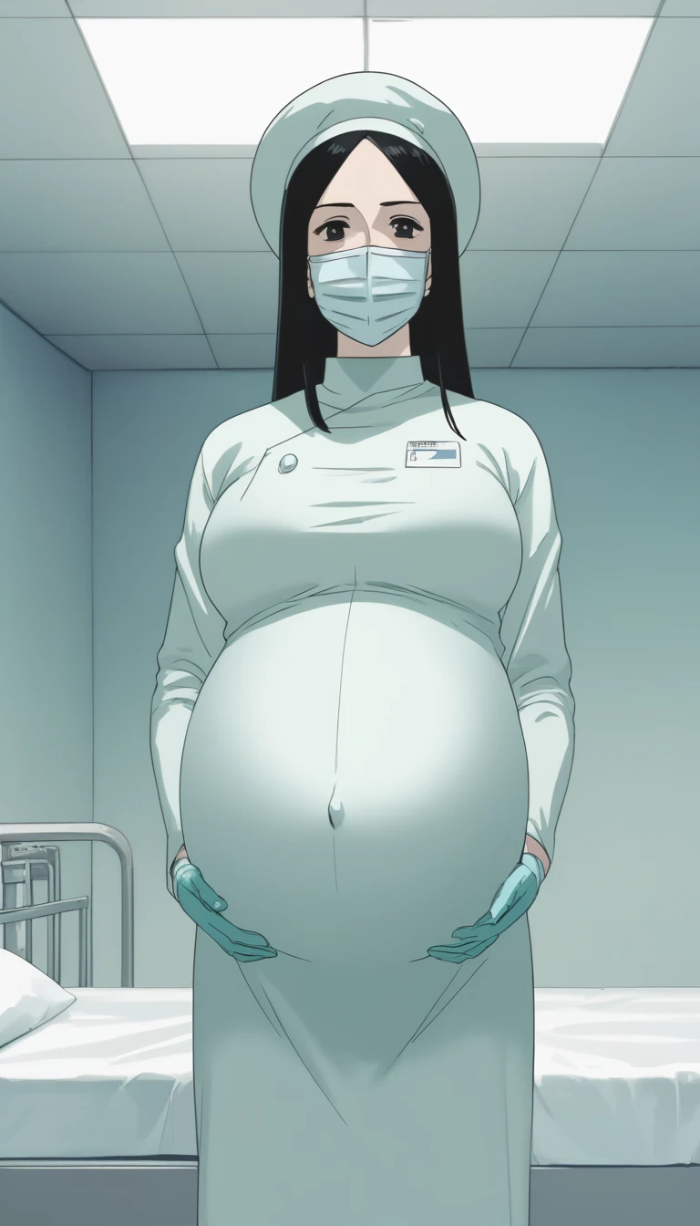 score_9,  score_8_up, score_7_up, source_anime, raw image, masterpiece, highest quality, kasuganoray, pale skin, shy eyes, long black hair, big breasts, scrubs, surgical mask, bouffant cap, long sleeve maternity dress, seamless, navel head, the dress isn't wrinkled, long white stockings,
1girl, pregnant, solo, long rubber gloves, looking down, furrowed brow, hospital bed, light shines from the ceiling, standing, patient room background, 