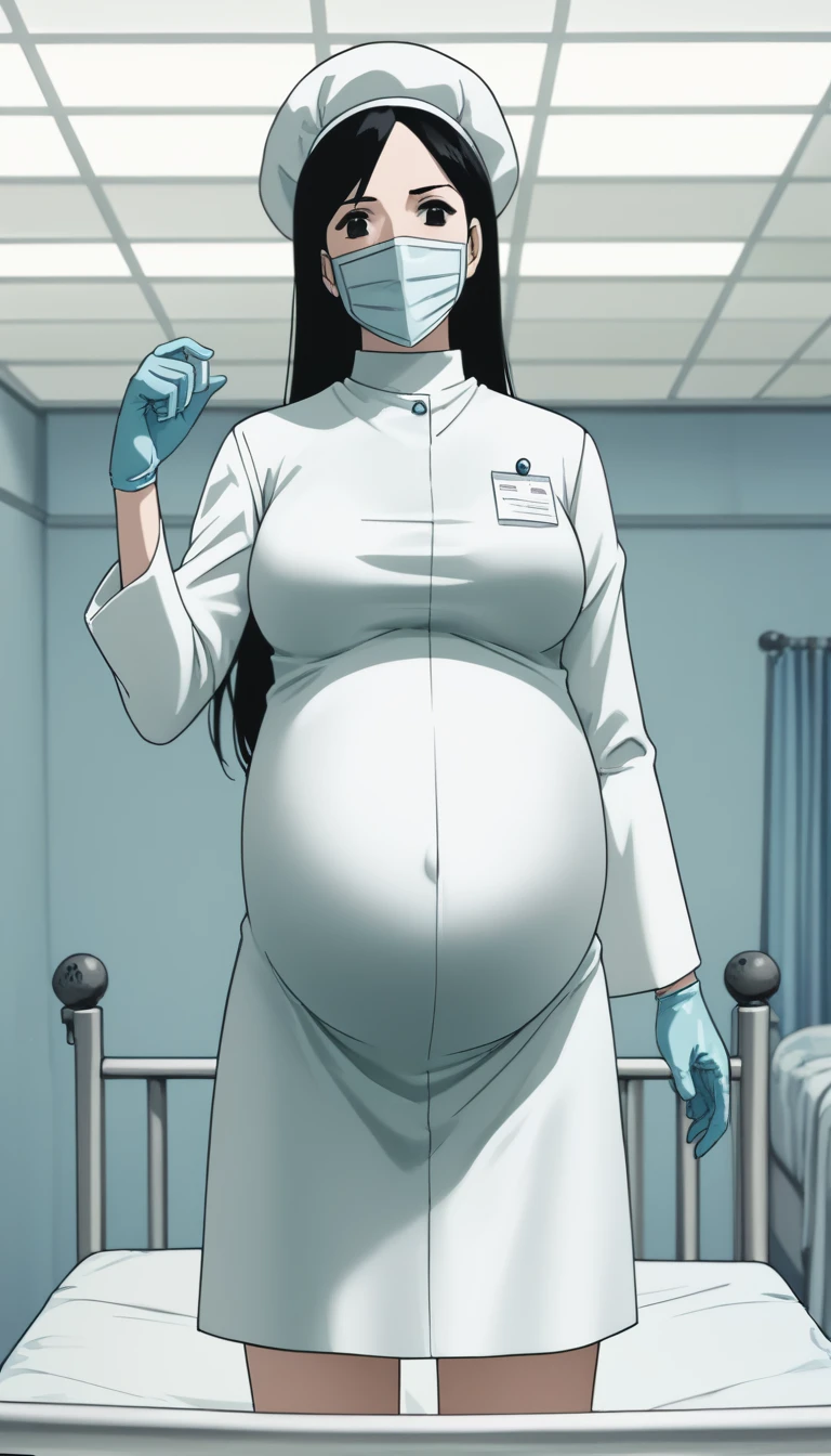 score_9,  score_8_up, score_7_up, source_anime, raw image, masterpiece, highest quality, kasuganoray, pale skin, shy eyes, long black hair, big breasts, scrubs, surgical mask, bouffant cap, long sleeve maternity dress, seamless, navel head, the dress isn't wrinkled, long white stockings,
1girl, pregnant, solo, long rubber gloves, looking down, furrowed brow, hospital bed, light shines from the ceiling, standing, patient room background, 