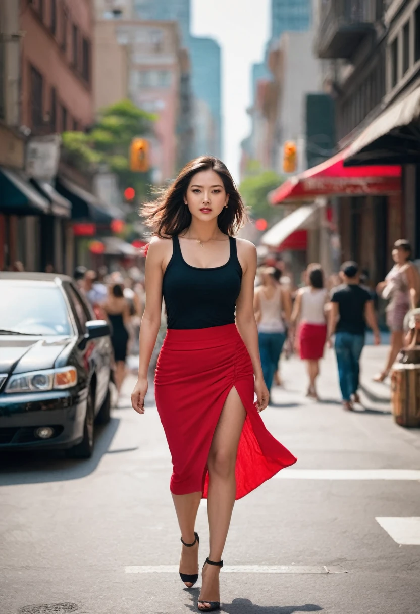A fierce woman strutting down the bustling city street, her black tank top hugging her curves and her red skirt swishing with each confident step